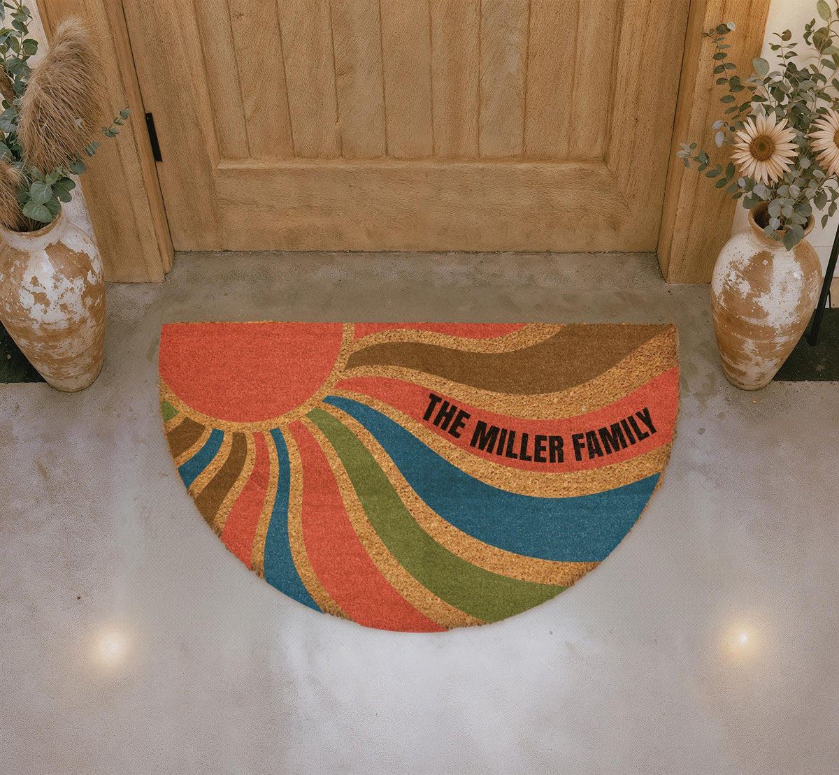 Custom Retro Sunburst Doormat, Boho Mid Century Welcome Mat, Personalized Family Name Porch Decor