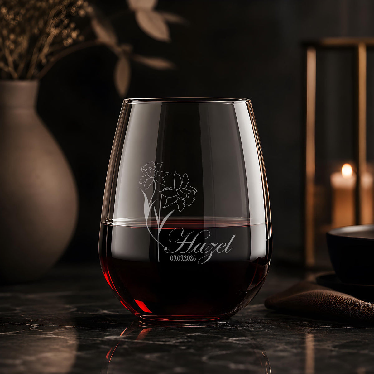 Personalized Stemless Wine Glass, Engraved Birth Flower Wedding Gift