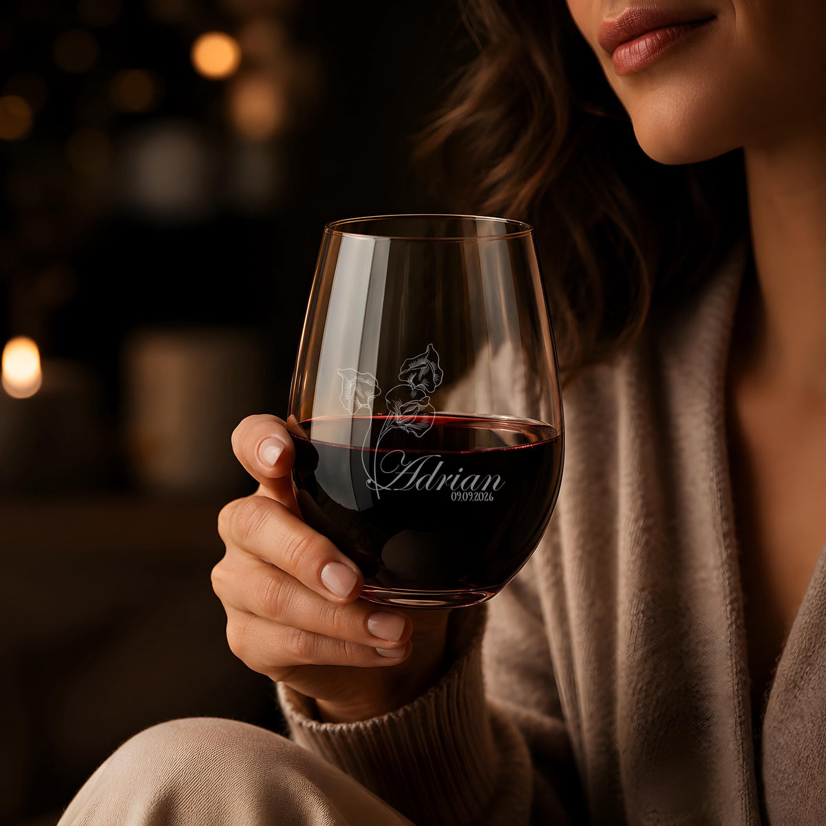 Personalized Stemless Wine Glass, Engraved Birth Flower Wedding Gift