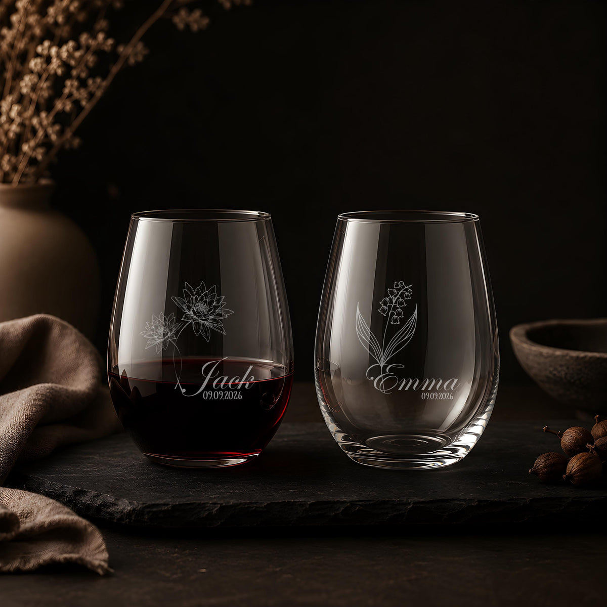 Personalized Stemless Wine Glass, Engraved Birth Flower Wedding Gift