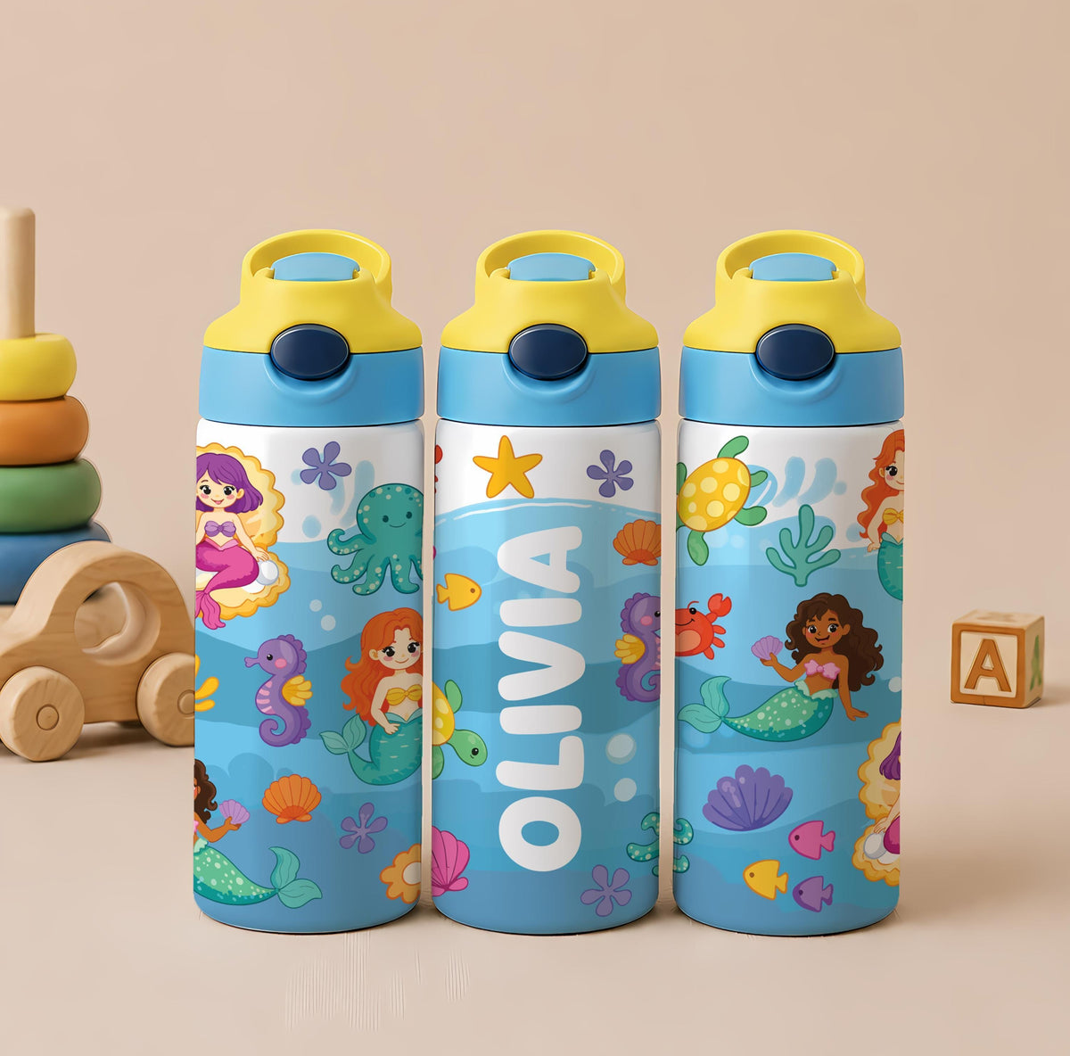 Custom Cute Design Optional Insulated Water Flask Bottle, Personalized Name Kids School Tumbler