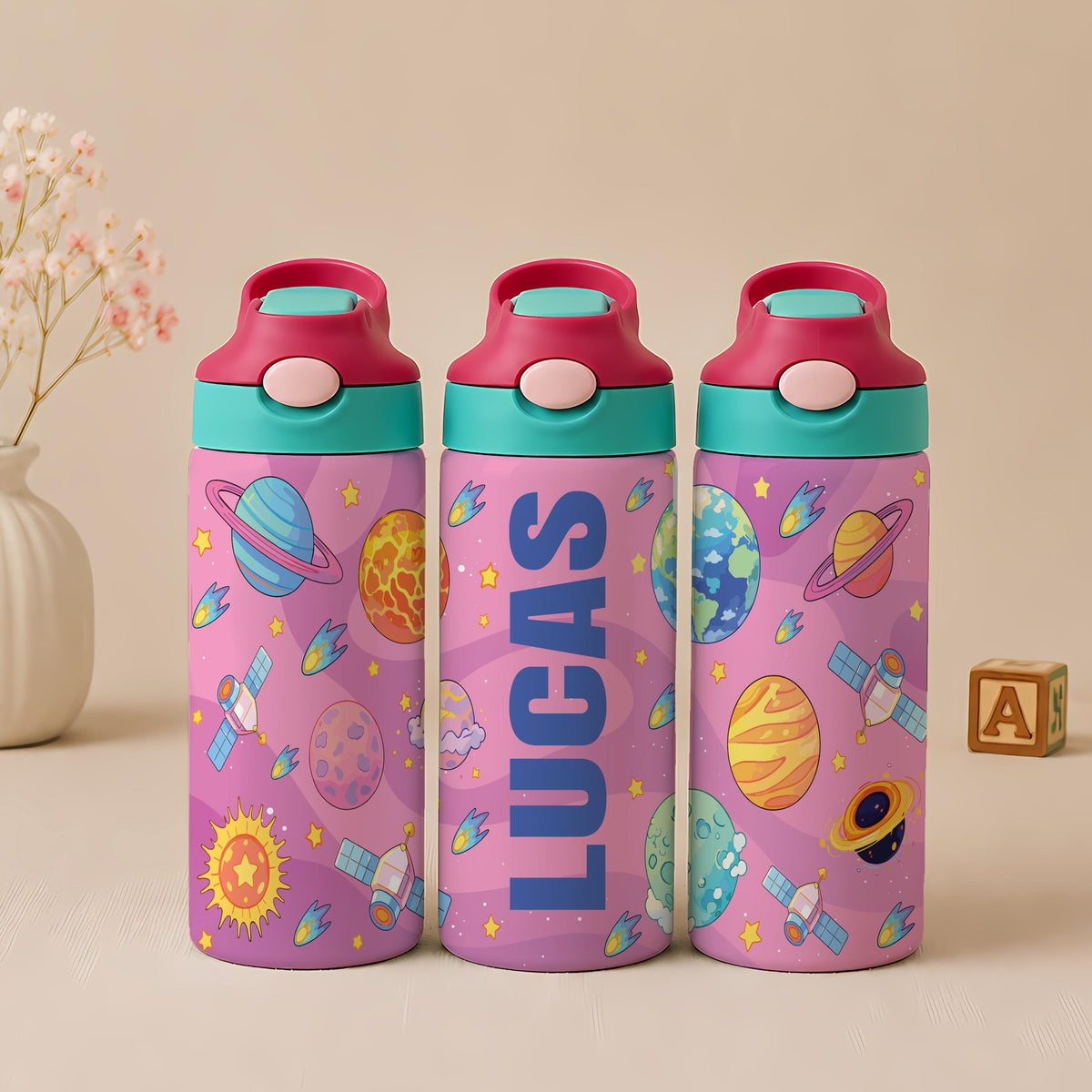 Custom Cute Design Optional Insulated Water Flask Bottle, Personalized Name Kids School Tumbler