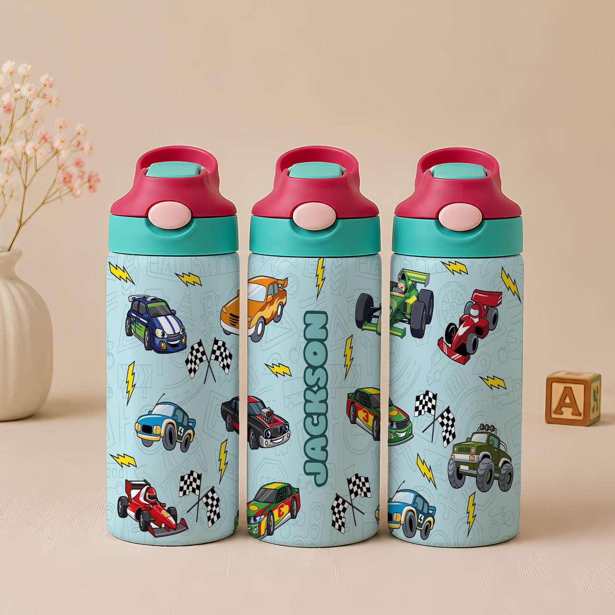 Personalized Kids Stainless Steel Tumbler, Custom Name Floral Water Bottle