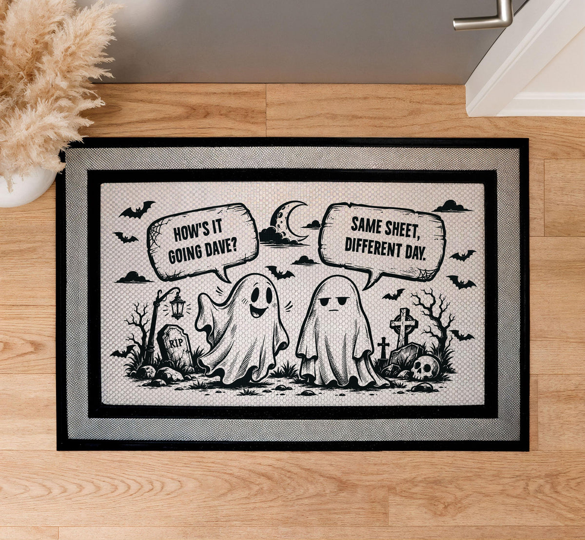 Funny Ghost Halloween Doormat, Same Sheet Different Day Welcome Mat
