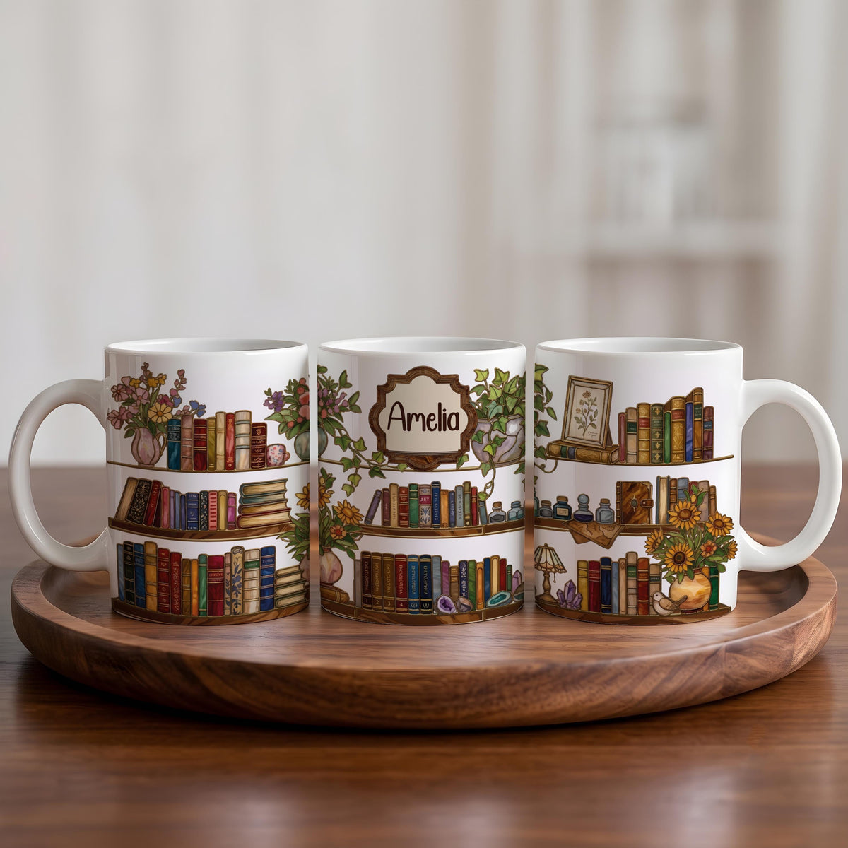 Personalized Book Lover Bookshelf Mug, Custom Bookworm Coffee Cup, Cozy Book Club Gift