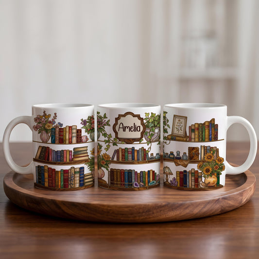 Personalized Book Lover Bookshelf Mug, Custom Bookworm Coffee Cup, Cozy Book Club Gift