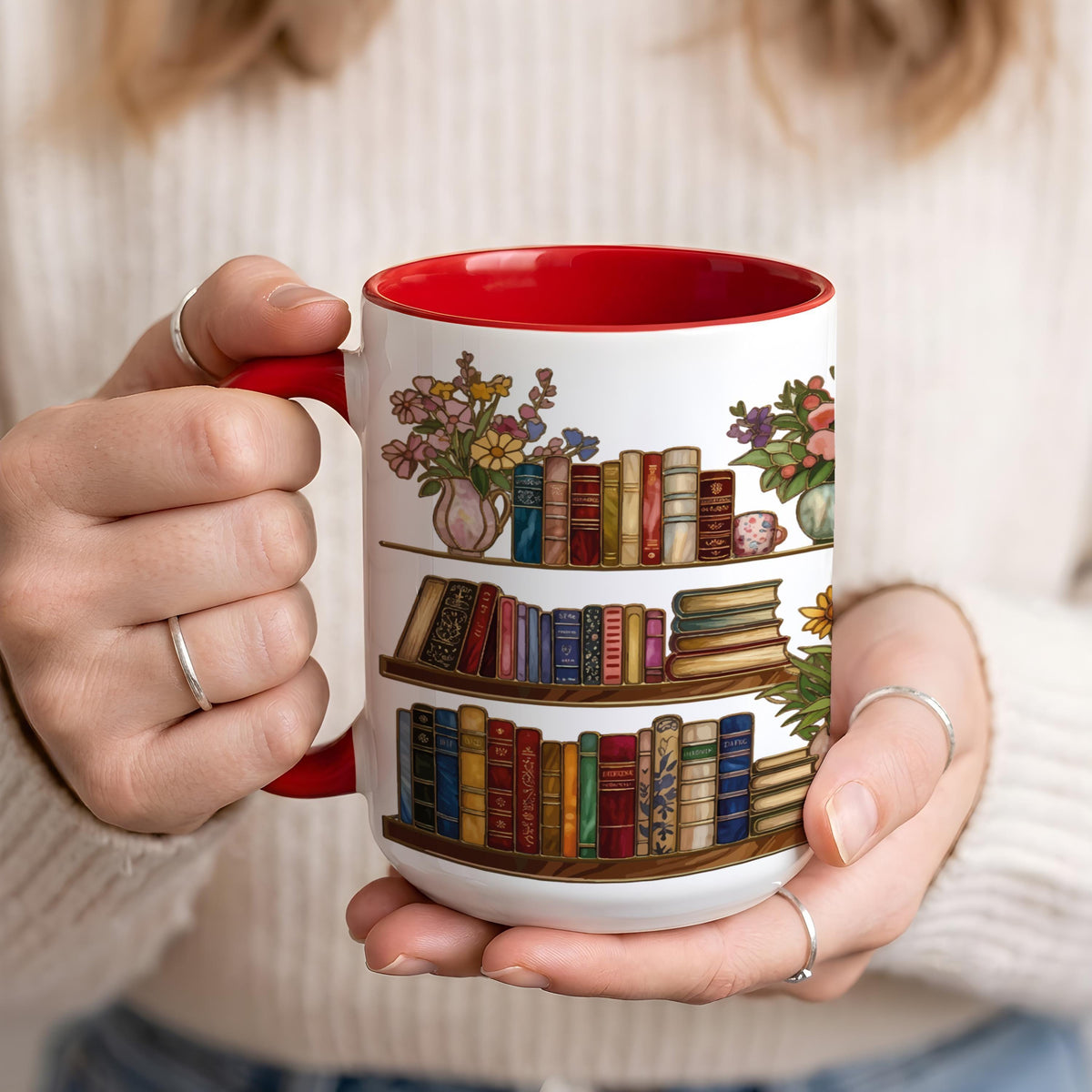 Personalized Book Lover Bookshelf Mug, Custom Bookworm Coffee Cup, Cozy Book Club Gift