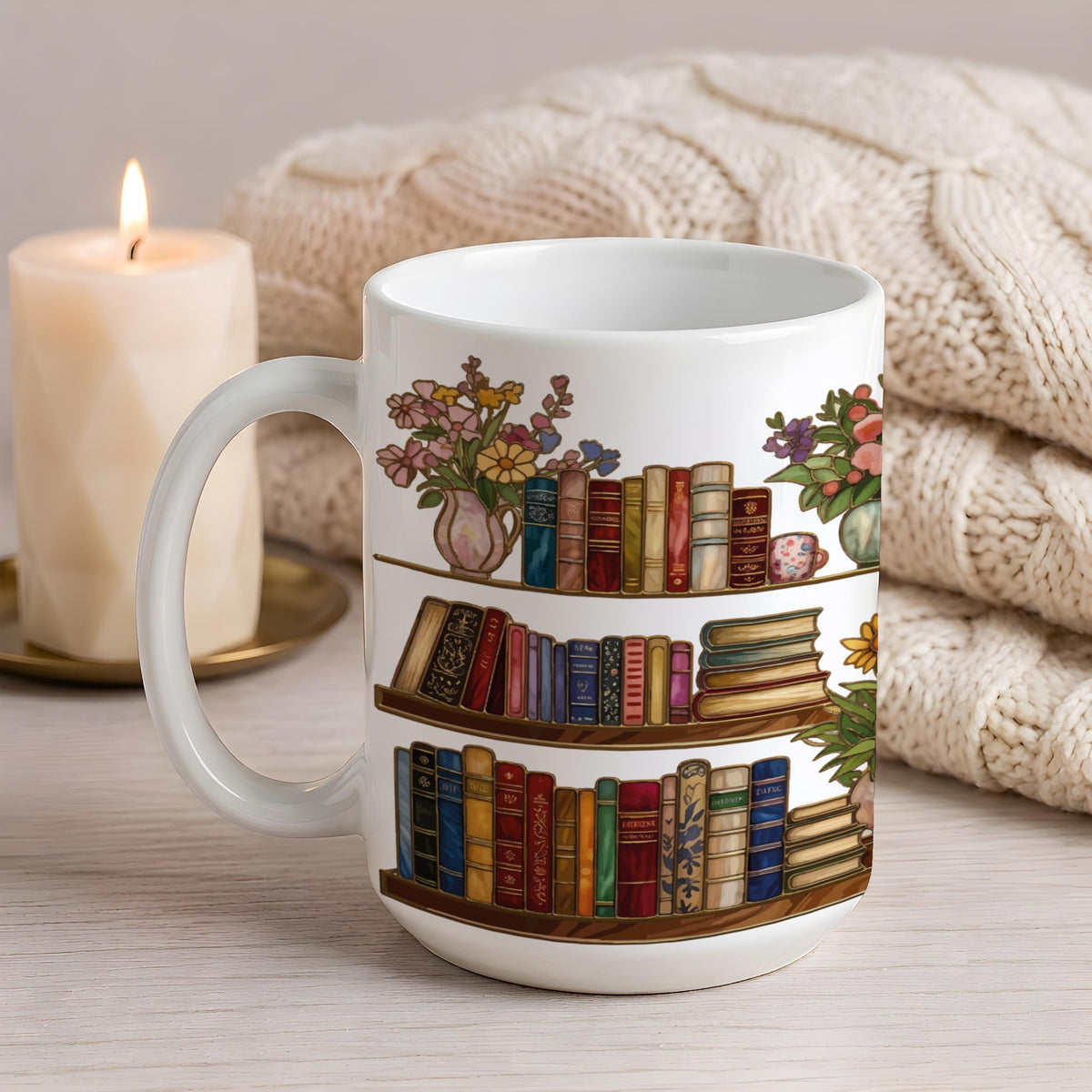 Personalized Book Lover Bookshelf Mug, Custom Bookworm Coffee Cup, Cozy Book Club Gift