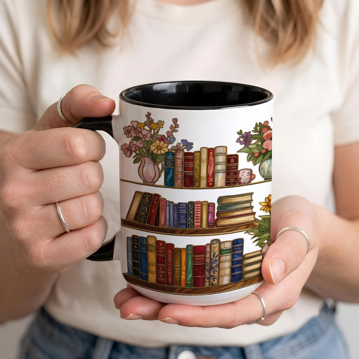 Personalized Book Lover Bookshelf Mug, Custom Bookworm Coffee Cup, Cozy Book Club Gift
