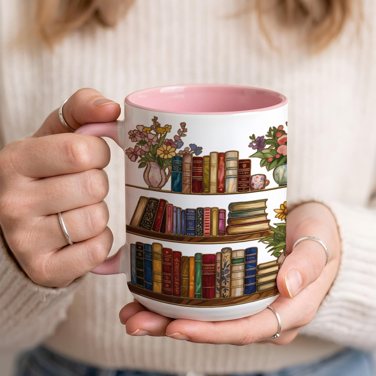 Personalized Book Lover Bookshelf Mug, Custom Bookworm Coffee Cup, Cozy Book Club Gift