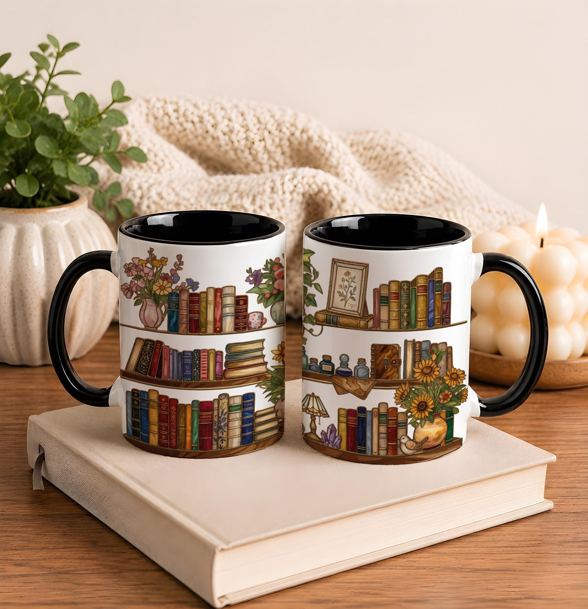 Personalized Book Lover Bookshelf Mug, Custom Bookworm Coffee Cup, Cozy Book Club Gift