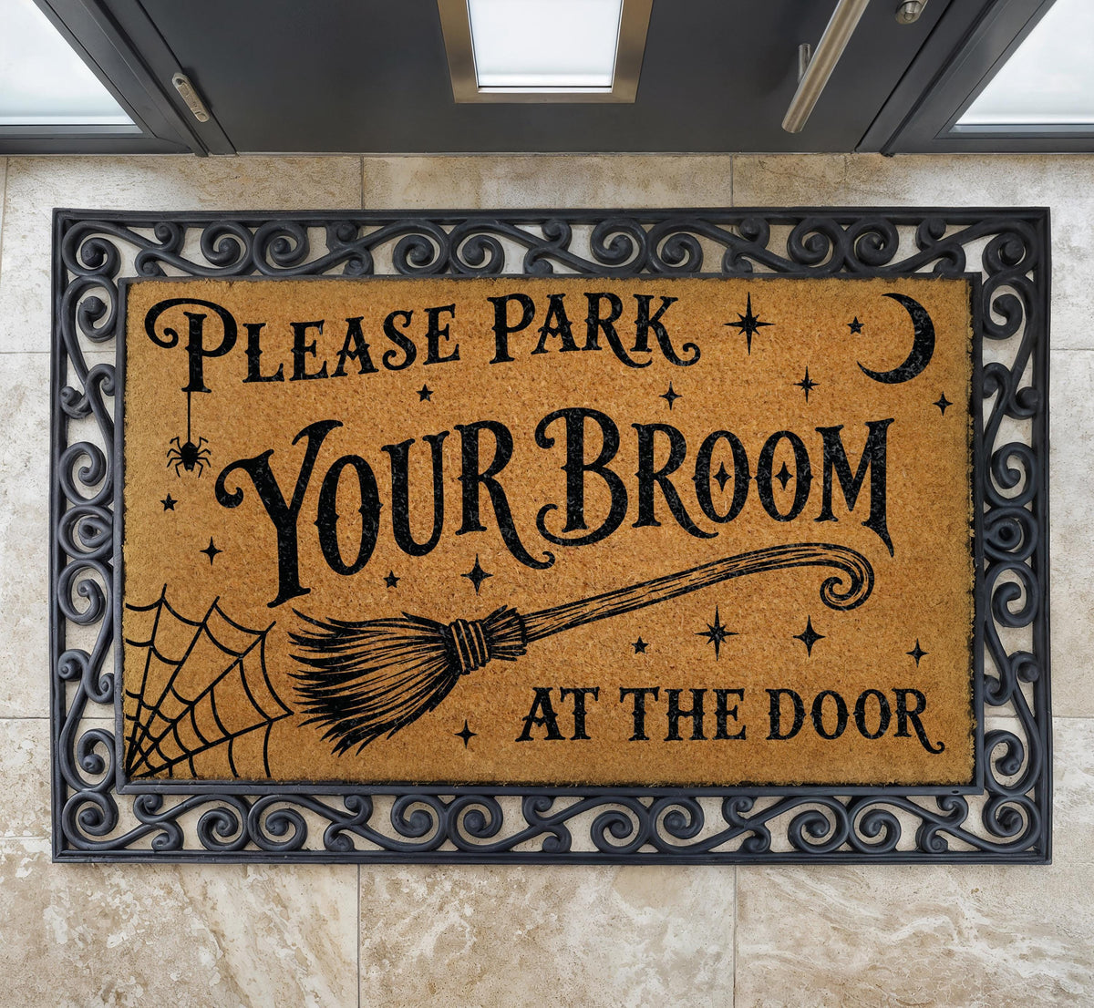 Park Your Broom At The Door Doormat, Funny Witch Welcome Mat, Spooky Halloween Front Porch Rug