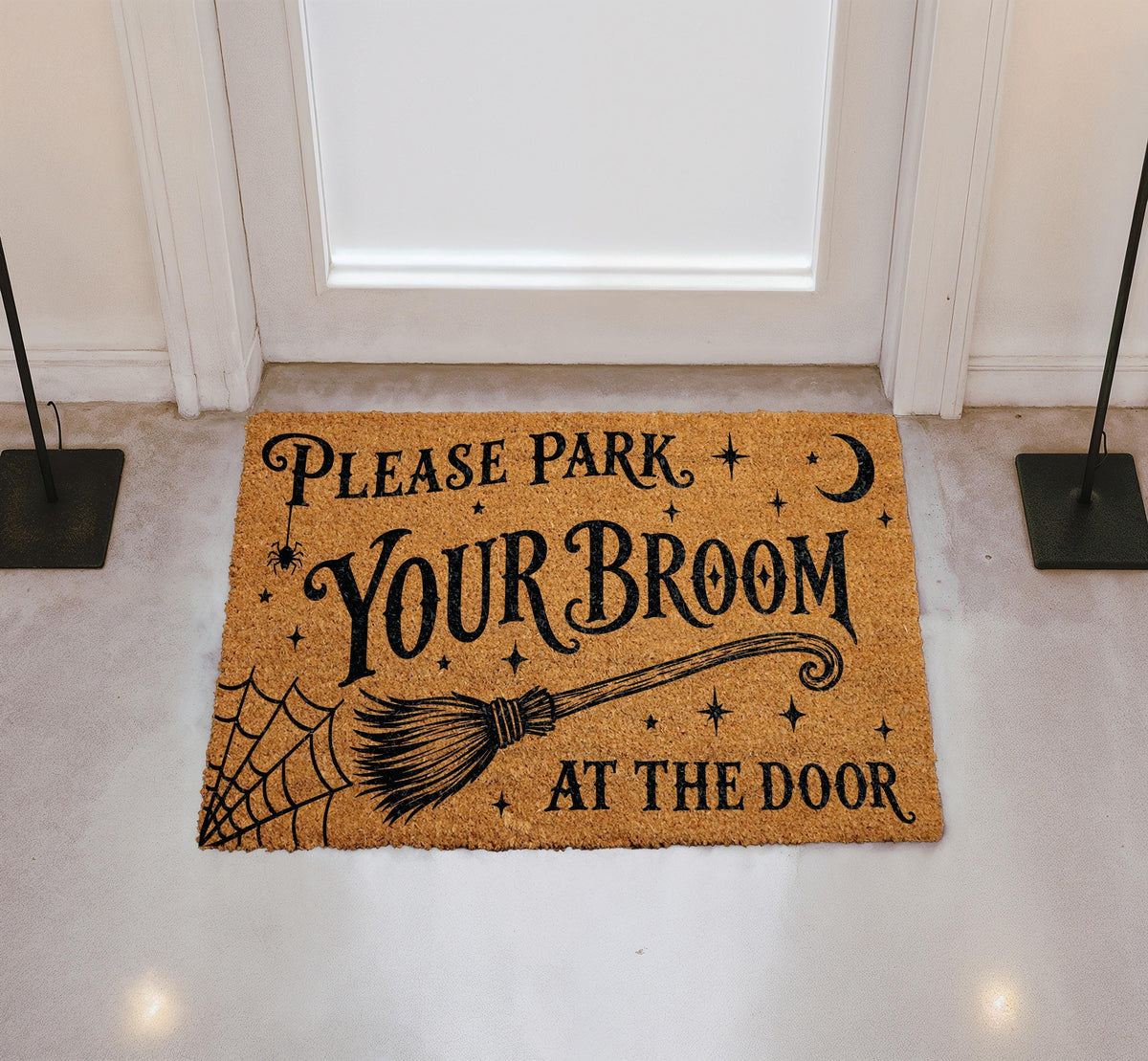 Park Your Broom At The Door Doormat, Funny Witch Welcome Mat, Spooky Halloween Front Porch Rug