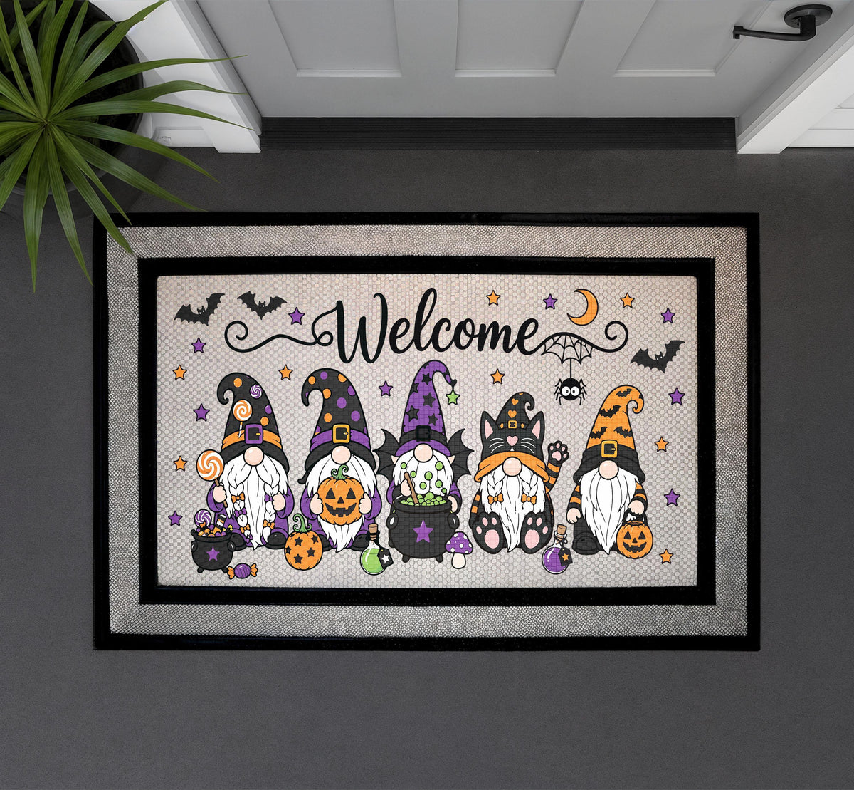Halloween Gnome Doormat, Spooky Welcome Mat, Witch Cat Porch Decor