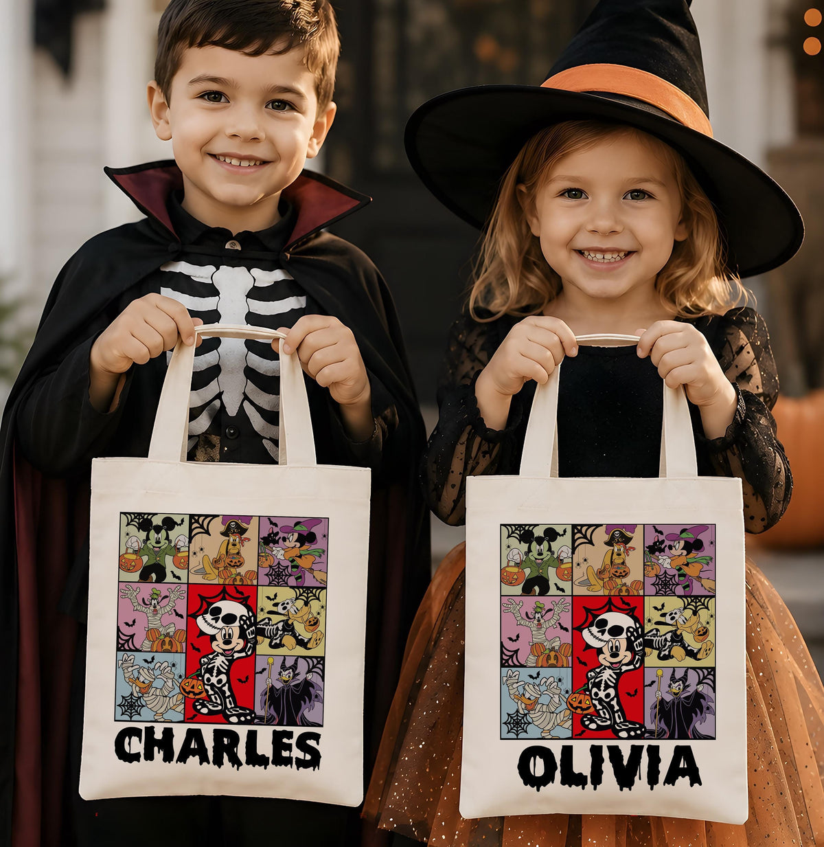 Custom Name Spooky Friends Cartoon Tote Bag, Personalized Kids Halloween Candy Bag