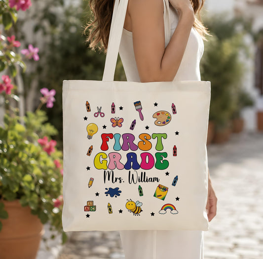 Custom Name Teacher Canvas Tote Bag, Personalized First Grade Teacher Shoulder Bag