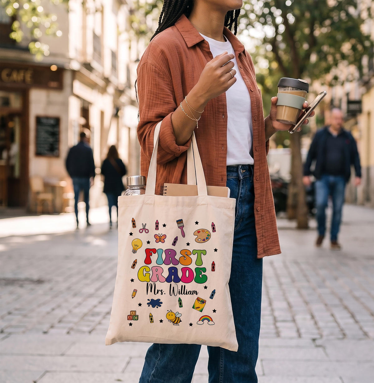Custom Name Teacher Canvas Tote Bag, Personalized First Grade Teacher Shoulder Bag
