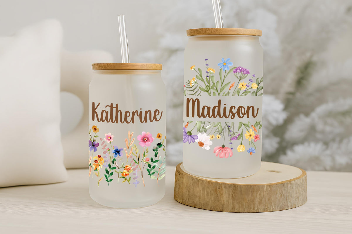 Personalized Wildflower Cup with Bamboo Lid & Straw, Custom Name Botanical Can Glass Tumbler