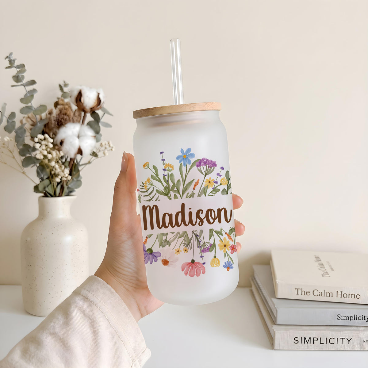 Personalized Wildflower Cup with Bamboo Lid & Straw, Custom Name Botanical Can Glass Tumbler