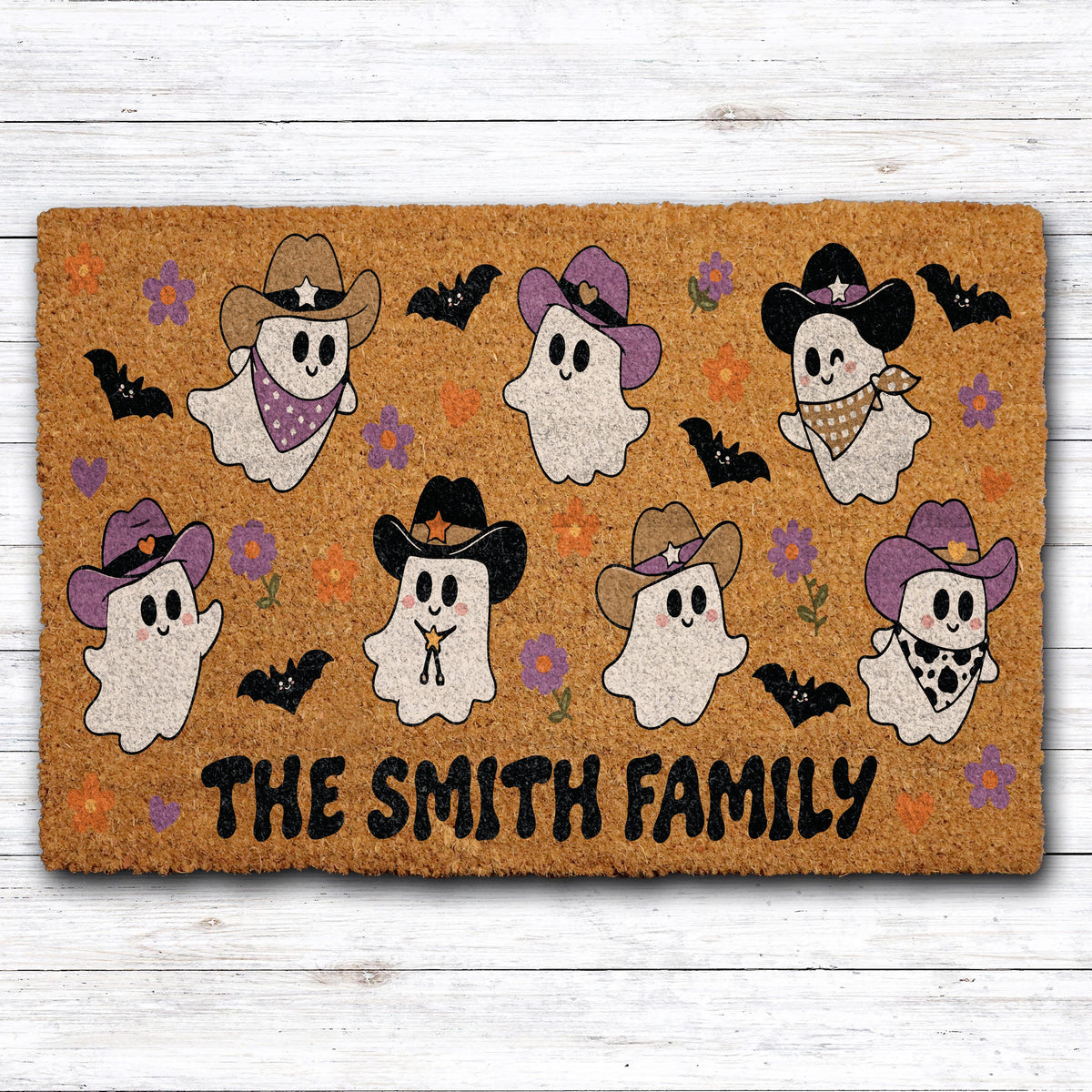 Custom Family Name Spooky Western Doormat, Personalized Halloween Cowboy Ghosts Welcome Mat