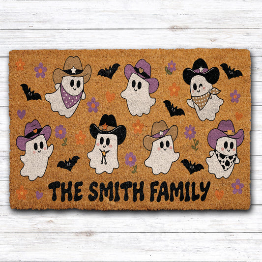Custom Family Name Spooky Western Doormat, Personalized Halloween Cowboy Ghosts Welcome Mat