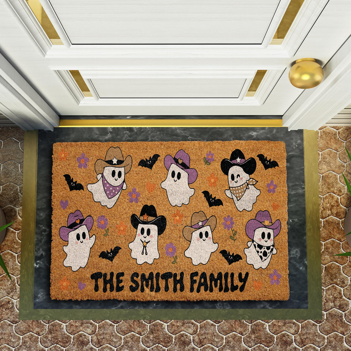 Custom Family Name Spooky Western Doormat, Personalized Halloween Cowboy Ghosts Welcome Mat