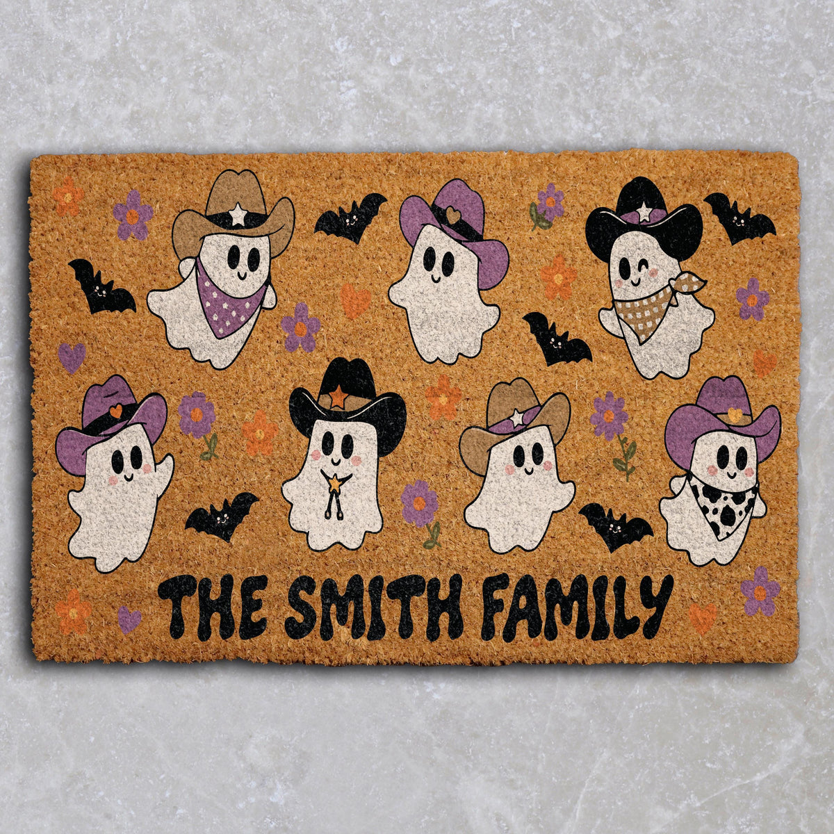 Custom Family Name Spooky Western Doormat, Personalized Halloween Cowboy Ghosts Welcome Mat