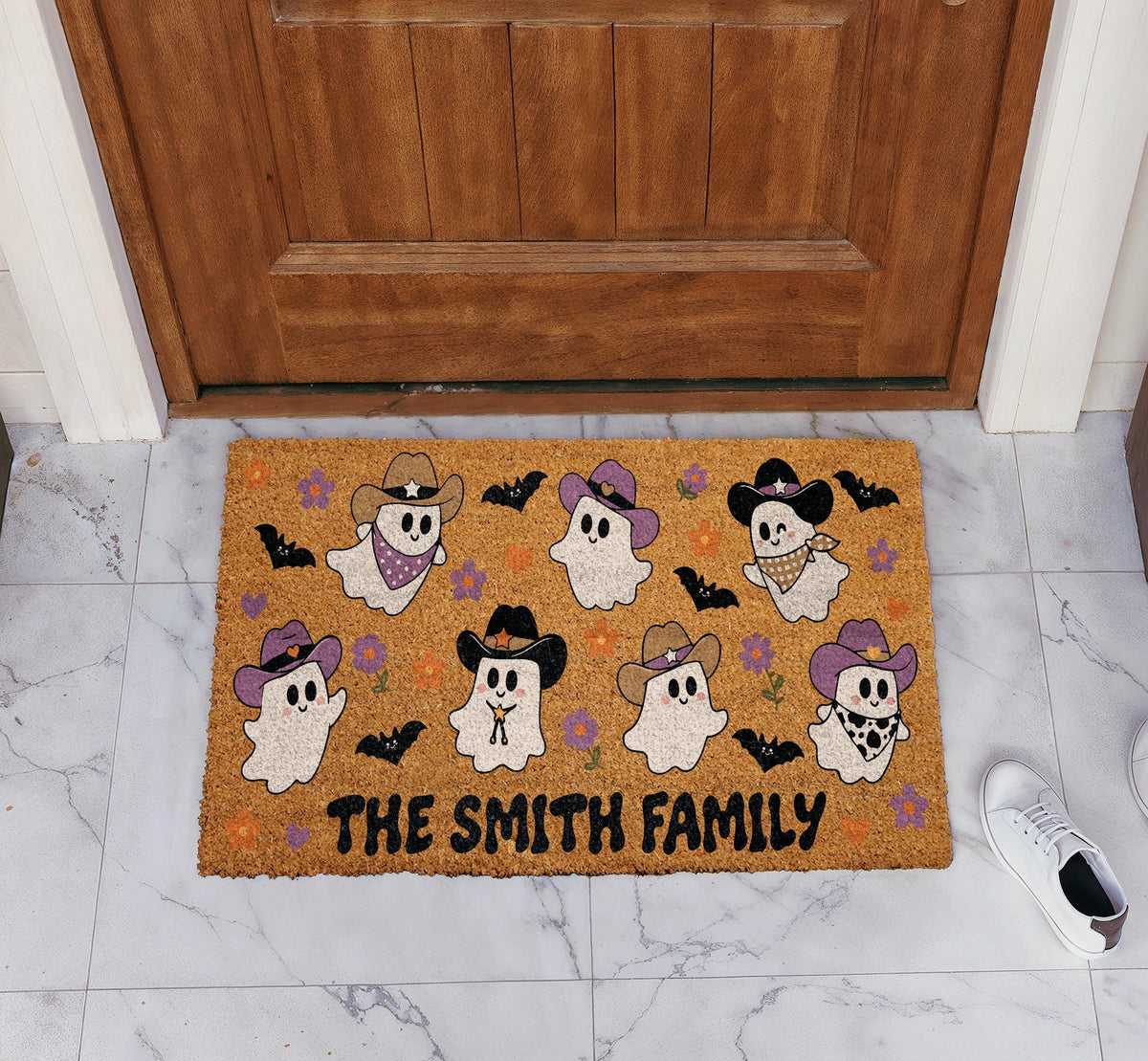 Custom Family Name Spooky Western Doormat, Personalized Halloween Cowboy Ghosts Welcome Mat