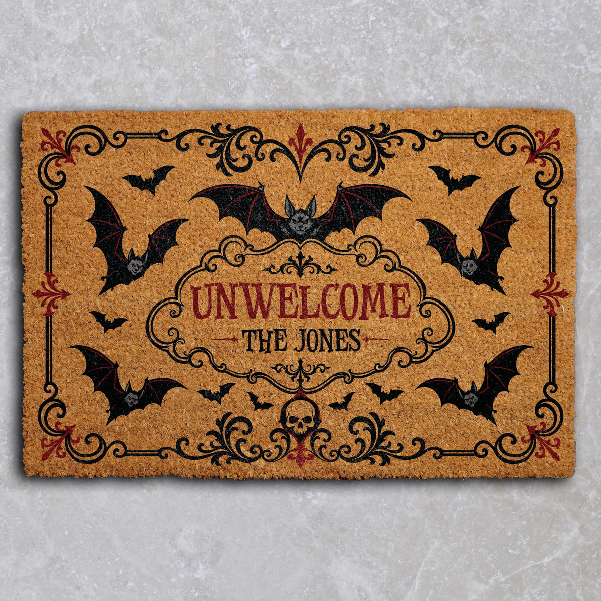 Personalized Gothic Bats Unwelcome Mat, Custom Last Name Halloween Doormat