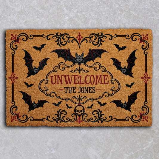 Personalized Gothic Bats Unwelcome Mat, Custom Last Name Halloween Doormat