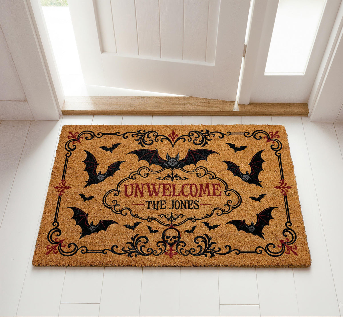 Personalized Gothic Bats Unwelcome Mat, Custom Last Name Halloween Doormat