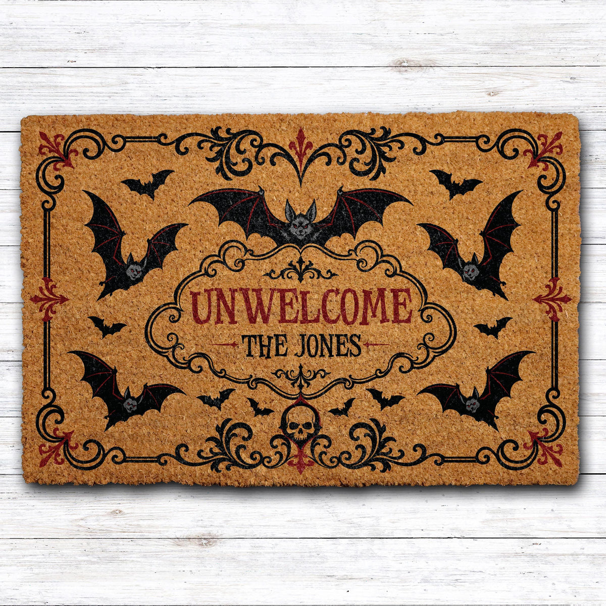Personalized Gothic Bats Unwelcome Mat, Custom Last Name Halloween Doormat