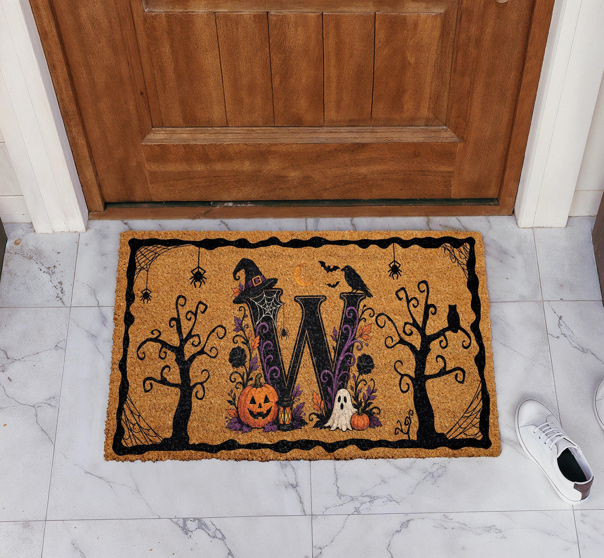 Custom Initial Letter Witchy Doormat, Personalized Halloween Monogram Welcome Mat