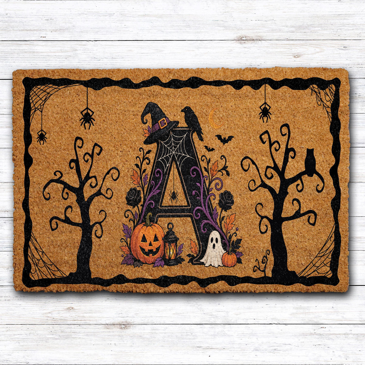 Custom Initial Letter Witchy Doormat, Personalized Halloween Monogram Welcome Mat