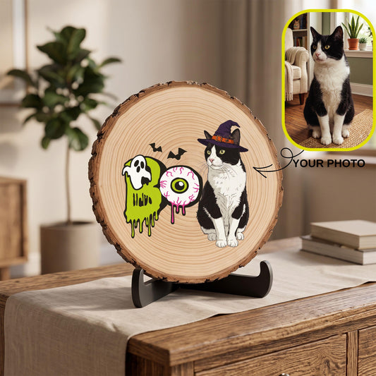 Custom Photo Pet Portrait on Wood Slice, Halloween Pet Decor, Personalized Cat Witch Art, Spooky Dog Sign, Boo Halloween Gift