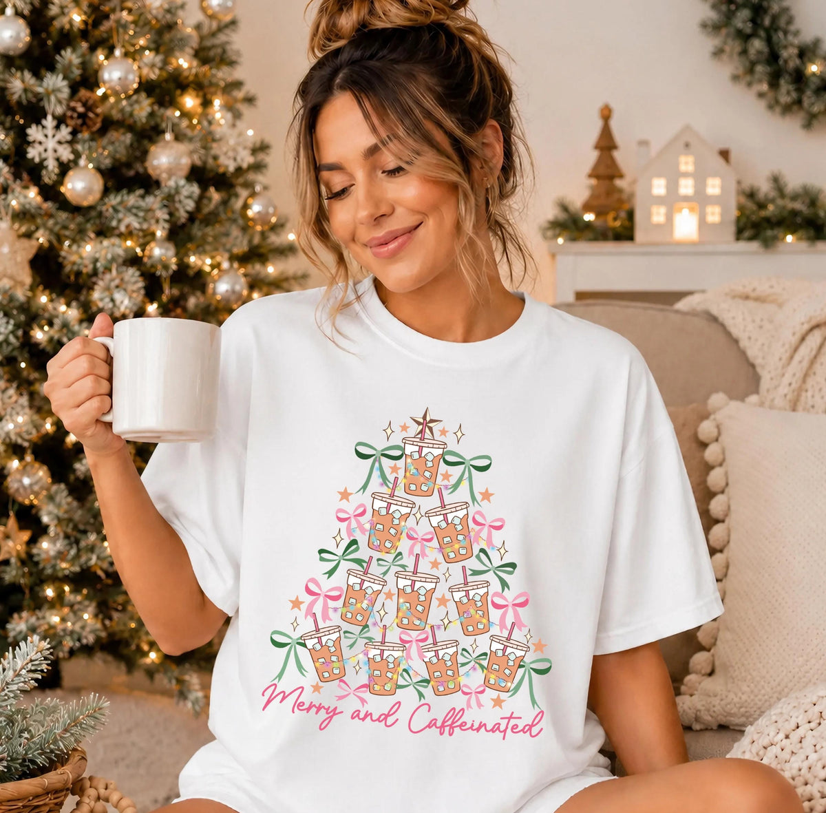 Merry and Caffeinated Comfort Colors® Shirt, Xmas Coffee Tree Tee, Coffee Lover Holiday Gift