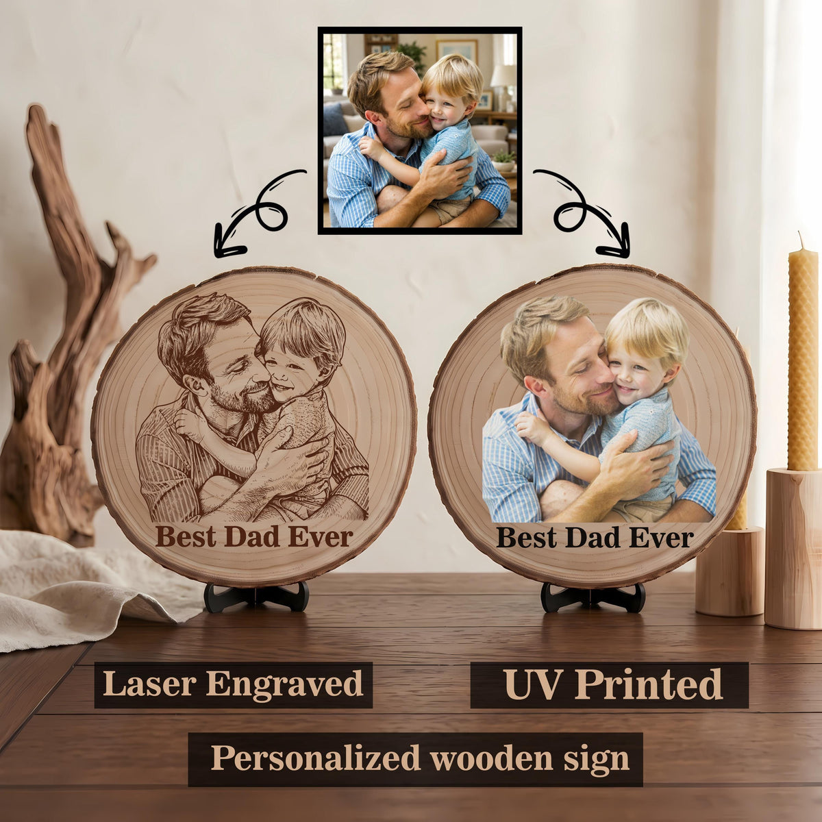Personalized Wedding Photo Wood Slice, Custom Engraved Couple Portrait Plaque