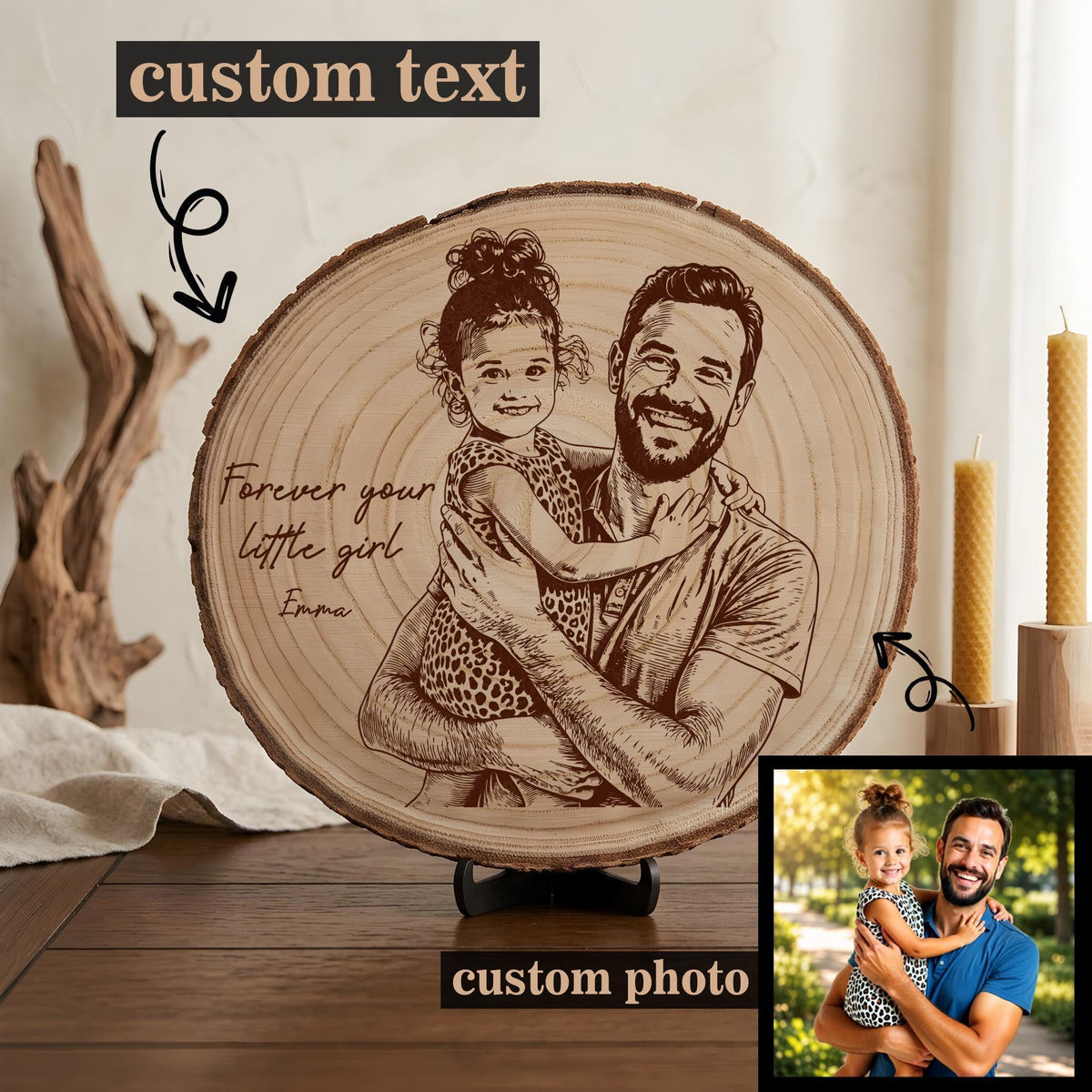 Personalized Wedding Photo Wood Slice, Custom Engraved Couple Portrait Plaque