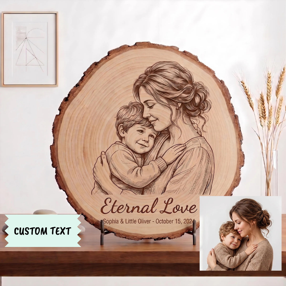 Custom Mom and Kids Wood Slice Portrait, Personalized Photo Engraved Plaque