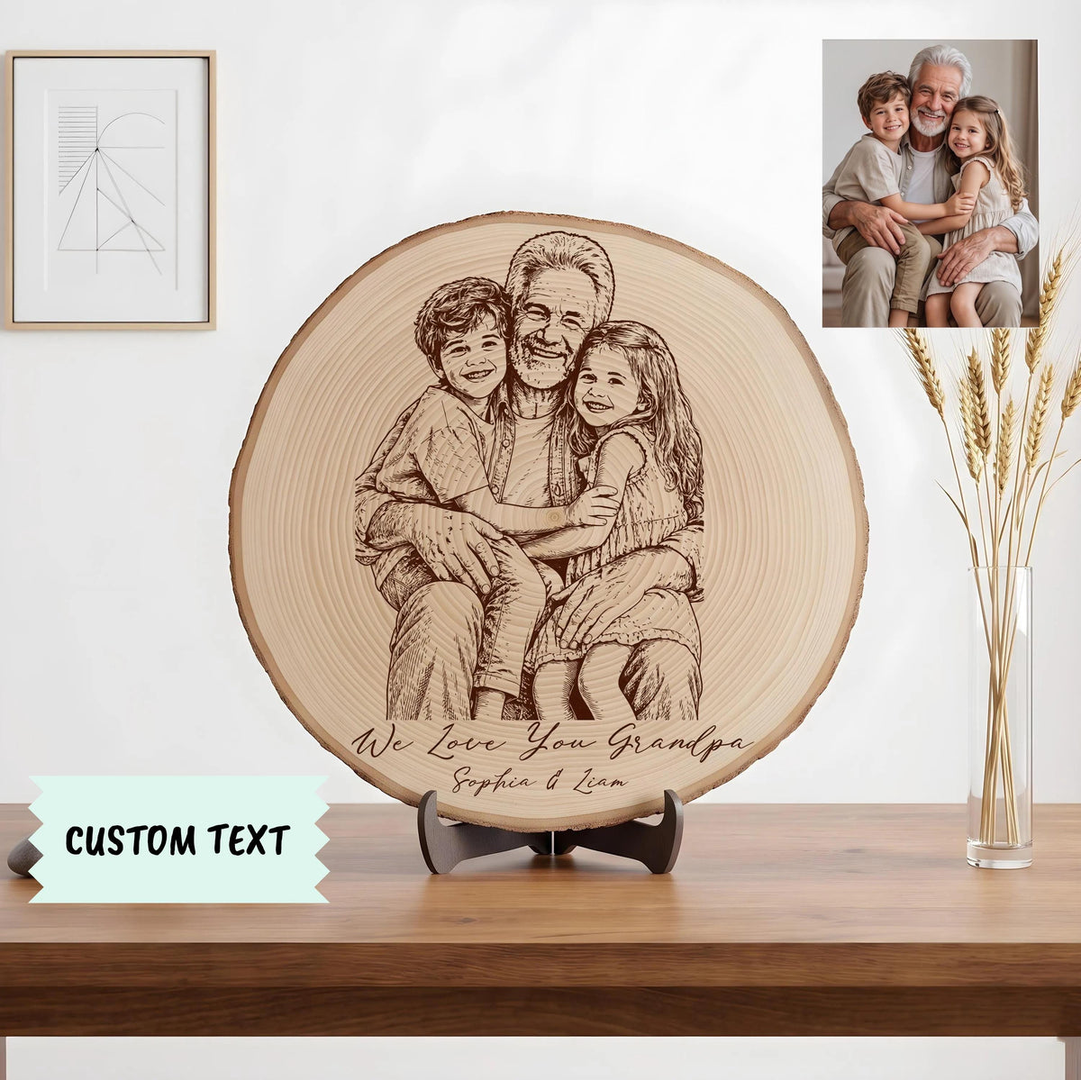 Custom Mom and Kids Wood Slice Portrait, Personalized Photo Engraved Plaque