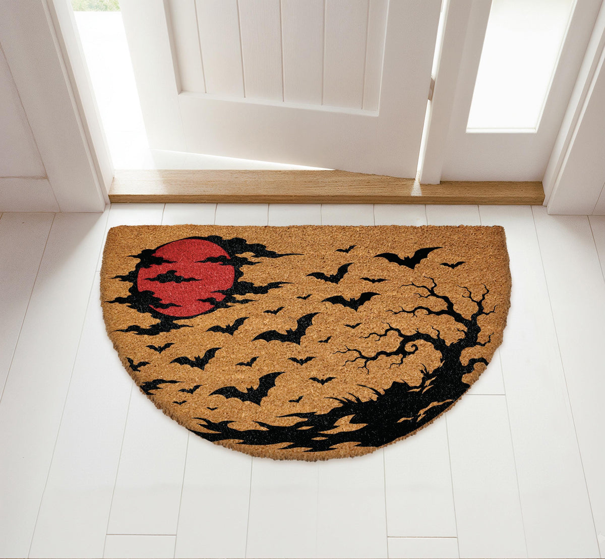 Gothic Swamp & Bats Design Half Moon Doormat, Blood Moon Halloween Welcome Mat