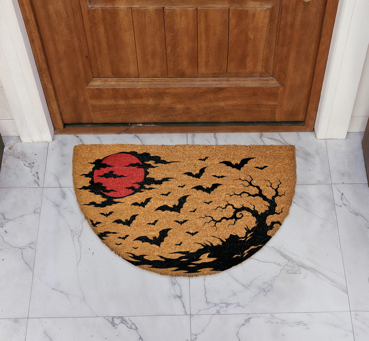 Gothic Swamp & Bats Design Half Moon Doormat, Blood Moon Halloween Welcome Mat