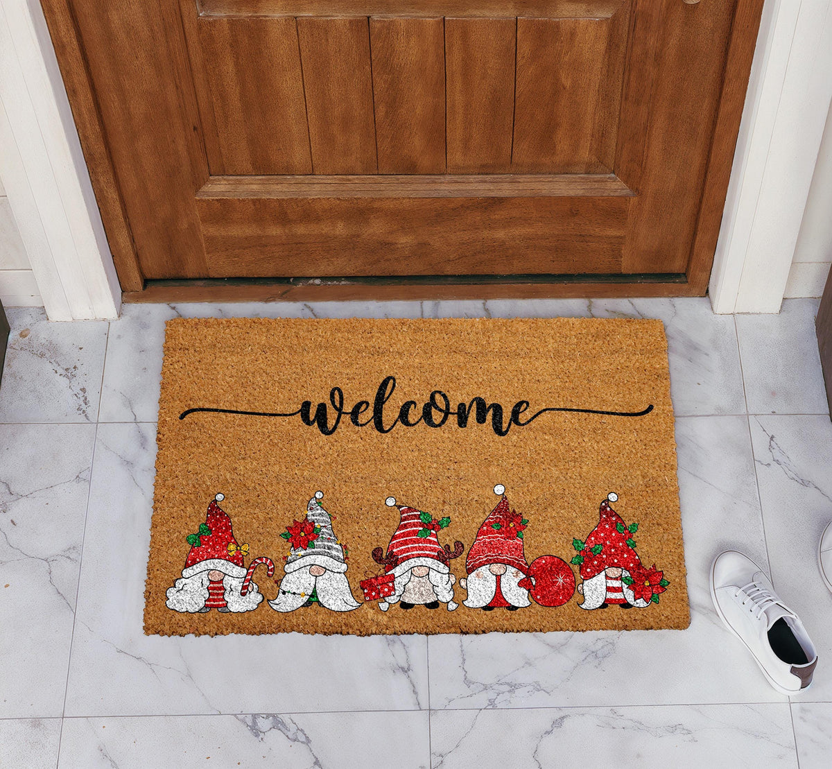 Funny Christmas Gnomes Welcome Mat, Winter Festive Cute Seasonal Doormat