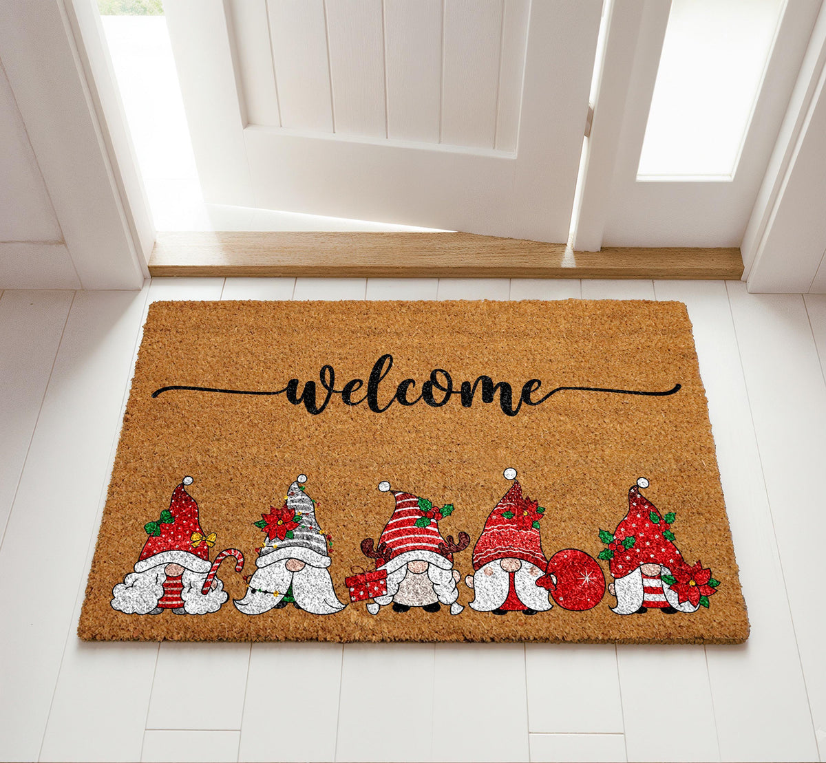 Funny Christmas Gnomes Welcome Mat, Winter Festive Cute Seasonal Doormat