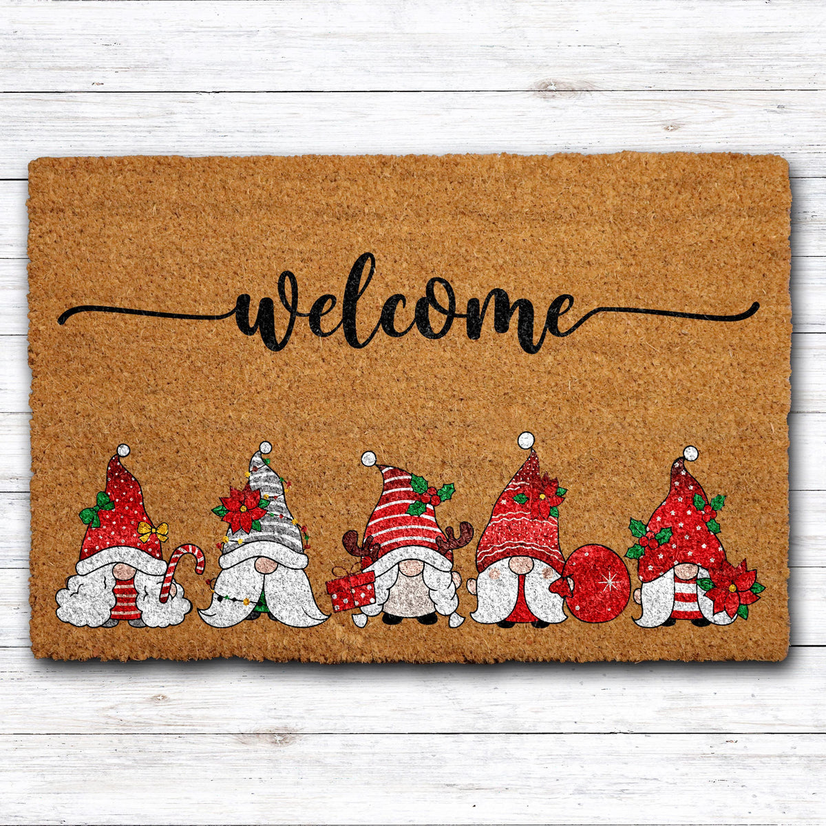 Funny Christmas Gnomes Welcome Mat, Winter Festive Cute Seasonal Doormat