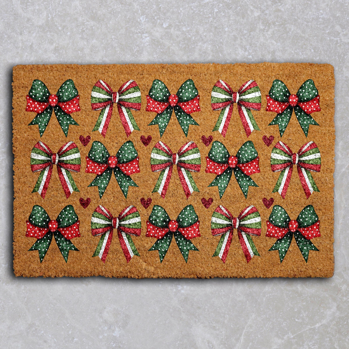 Festive Red Green Ribbons Pattern Doormat, Christmas Bows Design Welcome Mat