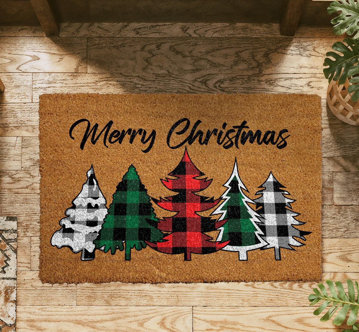 Merry Christmas Buffalo Plaid Tree Doormat, Plaid Christmas Trees Welcome Mat