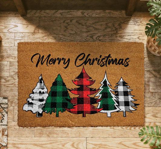 Merry Christmas Buffalo Plaid Tree Doormat, Plaid Christmas Trees Welcome Mat