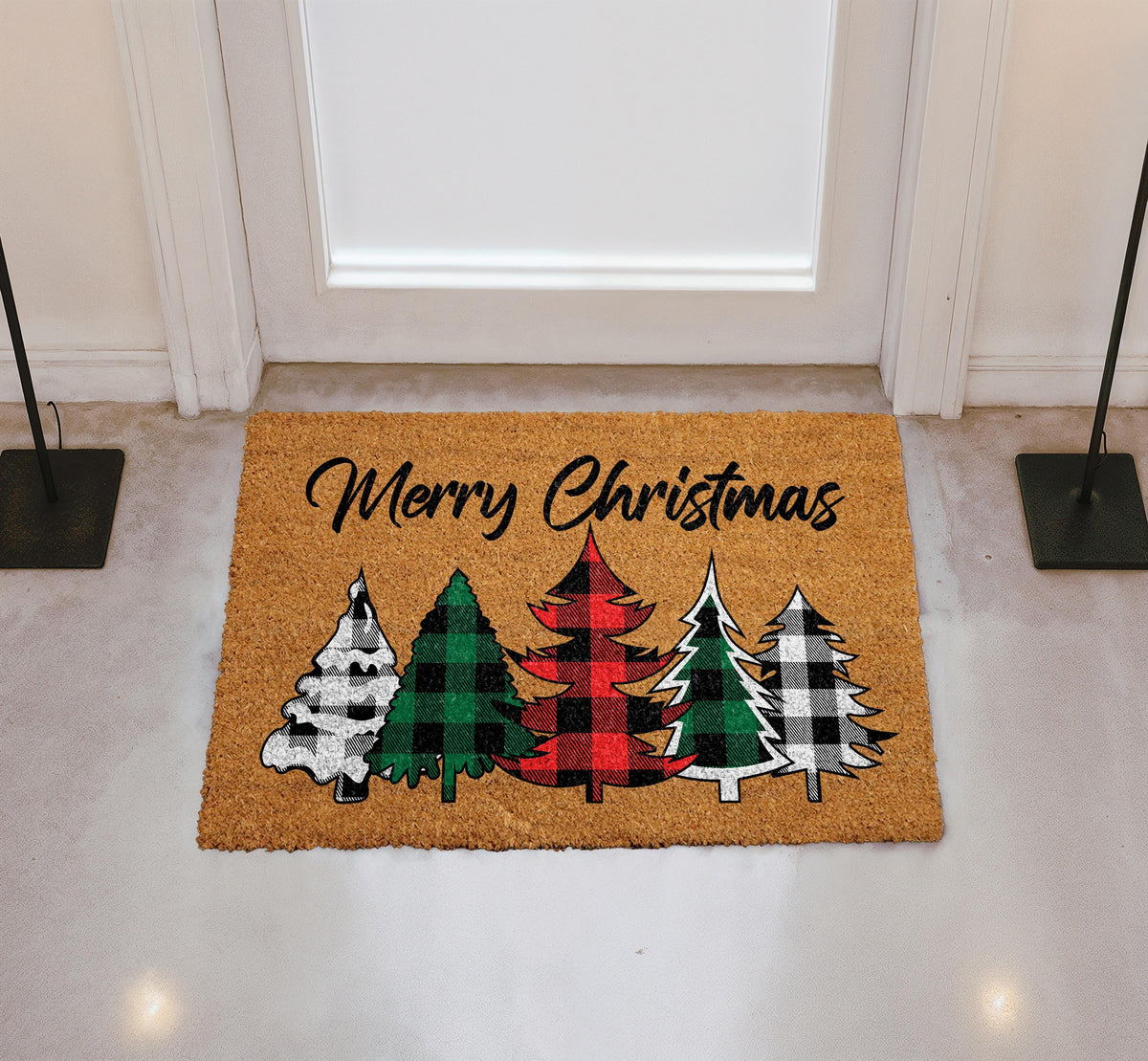 Merry Christmas Buffalo Plaid Tree Doormat, Plaid Christmas Trees Welcome Mat