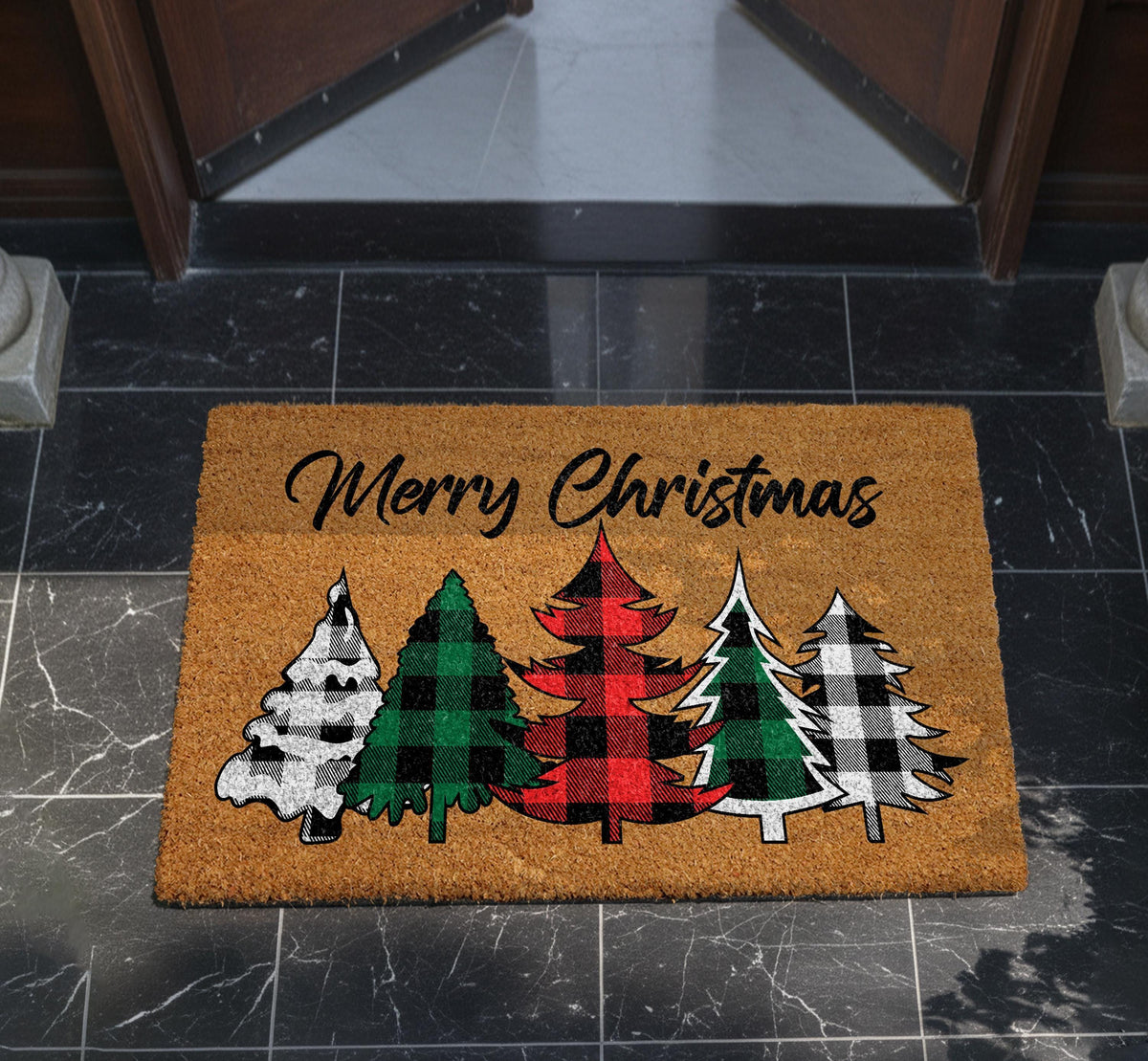 Merry Christmas Buffalo Plaid Tree Doormat, Plaid Christmas Trees Welcome Mat